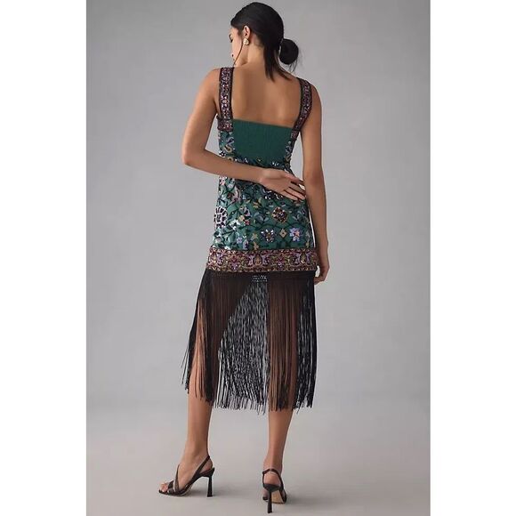 Anthropologie Slim Fringed Midi Dress Embroidered Beaded Fringe Size 14 NEW - Picture 3 of 5